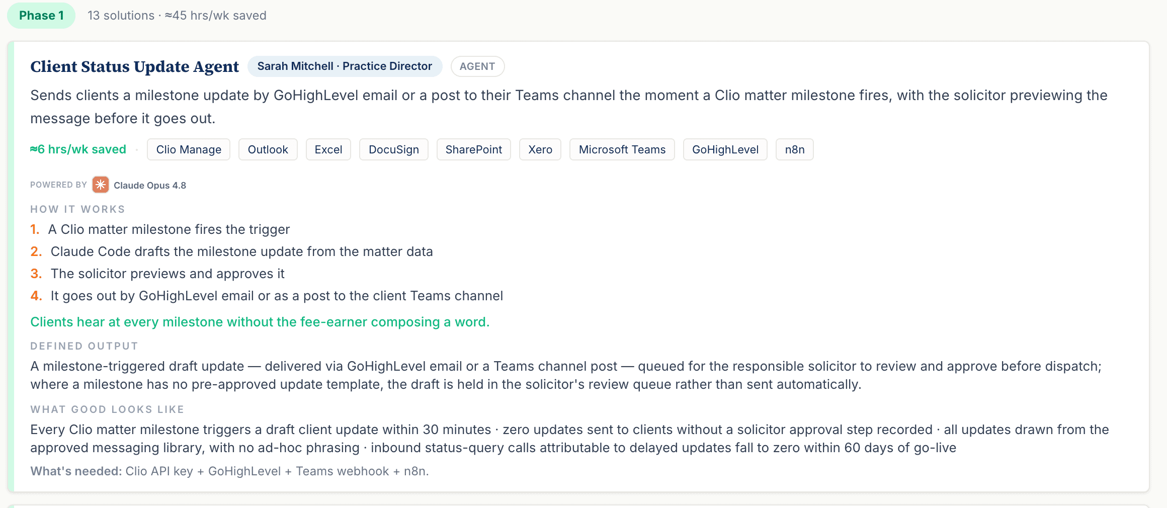 A single scoped solution on the AI Roadmap — scope, owner and running cost on one cell.