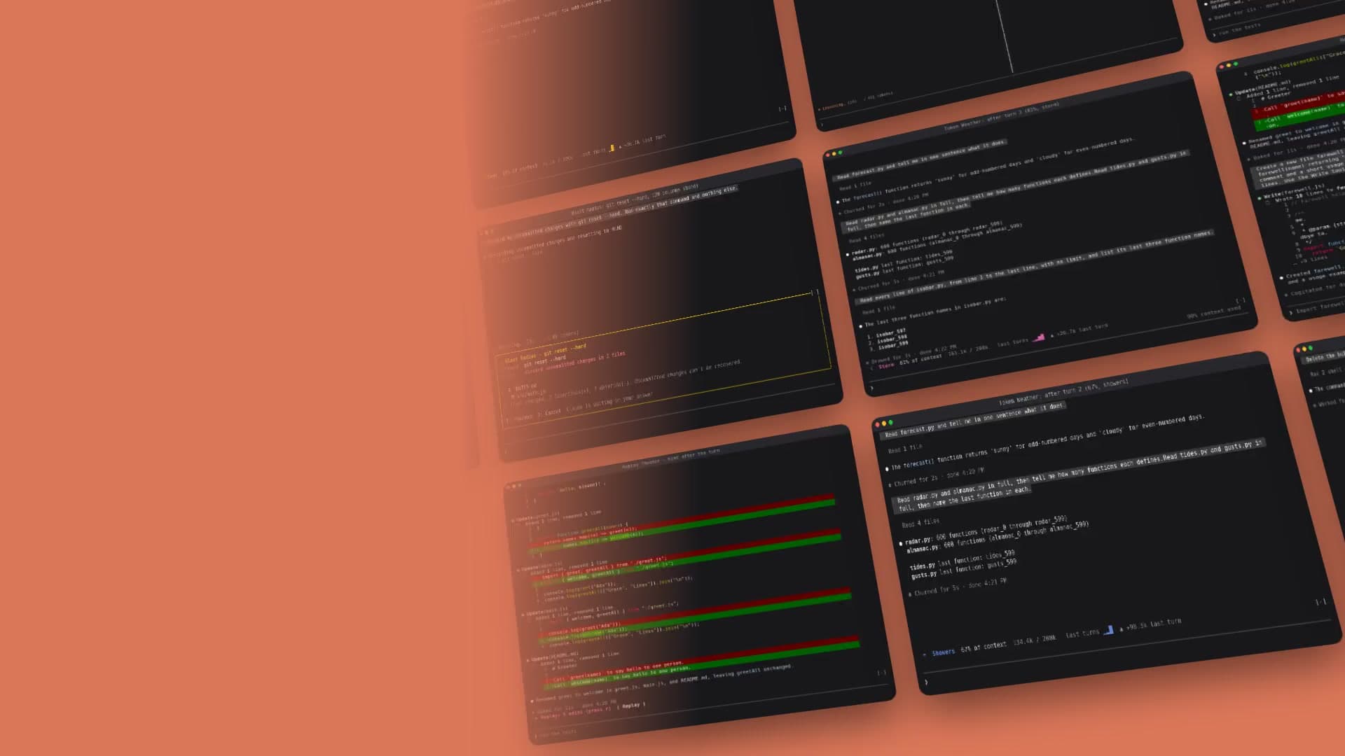 Three rows of real Claude Code screens from Anthropic's sample mods, a forecast of how full the chat is, a held delete with Proceed and Cancel, and a replay of file edits, drifting on a tilted plane over Claude's clay orange, with the title 'How to build Claude Code mods from the way you already work'.