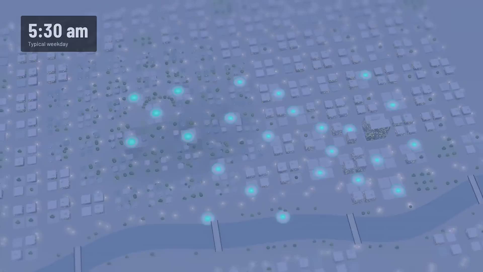 Claude Motion's animated 3D city from Anthropic's launch film, bike stations lighting up as the morning goes on.