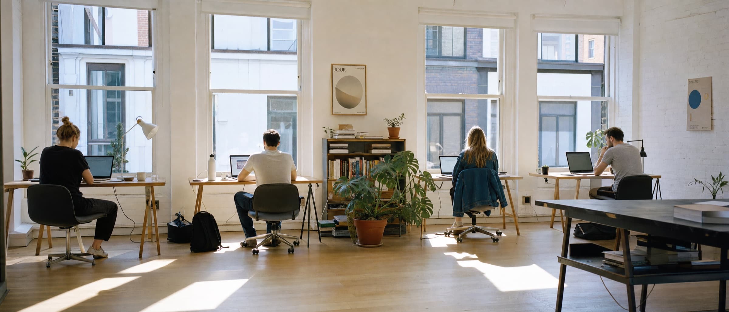 A bright studio office with people working along a window wall