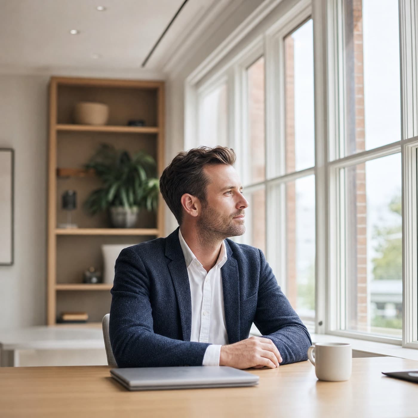 A business owner sitting alone at a desk, thinking