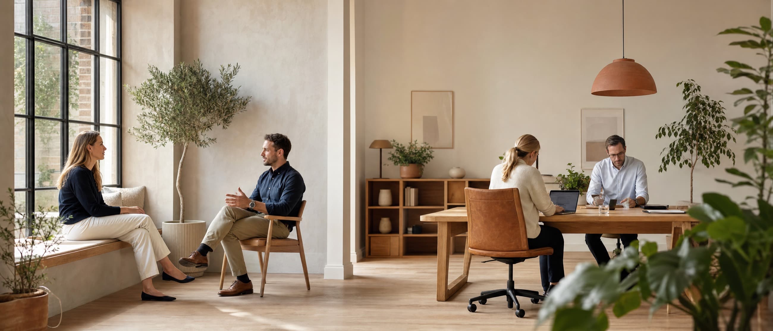 A calm, warm office: two colleagues talking by a window, two more working at an oak table