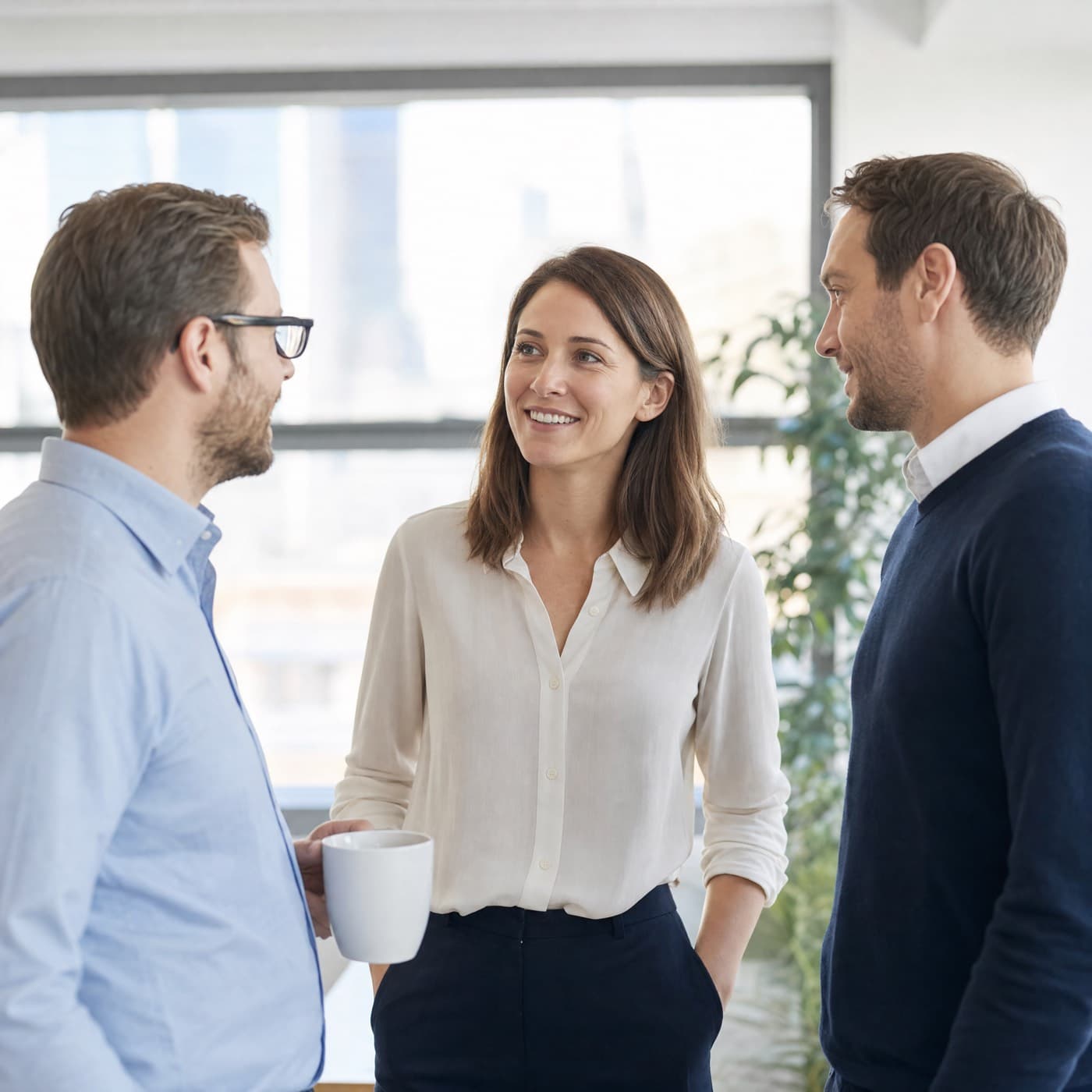 Colleagues talking in a bright office