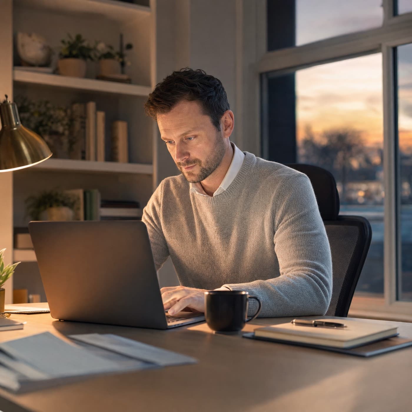 Someone working late at a laptop, focused