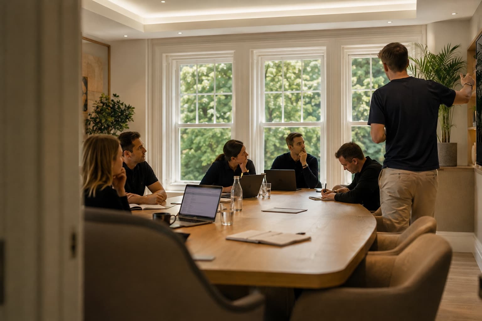 A team mid-session around a boardroom table, one person presenting
