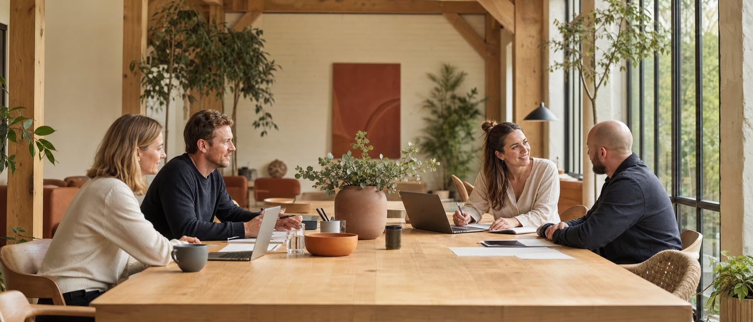 A team working and talking along a long oak table in a warm studio office